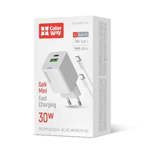 Зарядний пристрій мережевий USB/Type-C + кабель Type-C PD 30W GaN Mini ColorWay Житомир