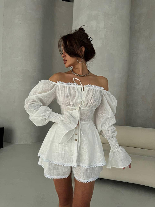 Жіночий стильний романтичний легкий костюм з натурального льону Білий, 44 Одеса - фото 1