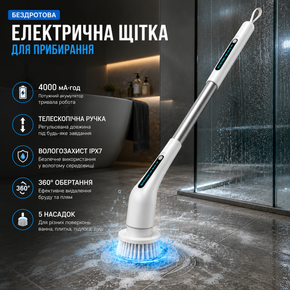 Бездротова електрична щітка для прибирання з акумулятором, телескопічною ручкою, обертова щітка для ванної, плитки, підлоги Київ - фото 18