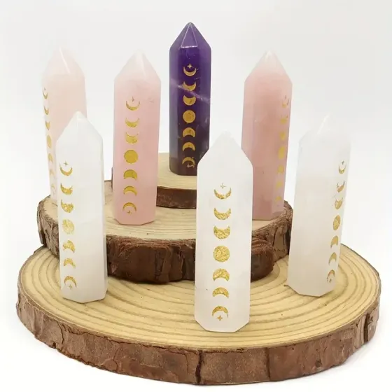 Набір кристалів: рожевий кварц, прозорий кварц і аметист із гравіюванням фаз Місяця Київ