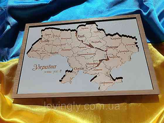Настінне тришарове панно з дерева із зображенням мапи України. Ірпінь