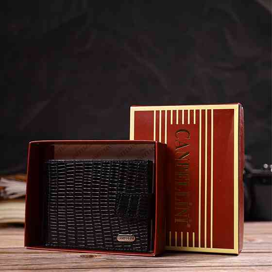 Невеликий фактурний чоловічий гаманець із натуральної шкіри з тисненням Чорний (CANPELLINI) Київ