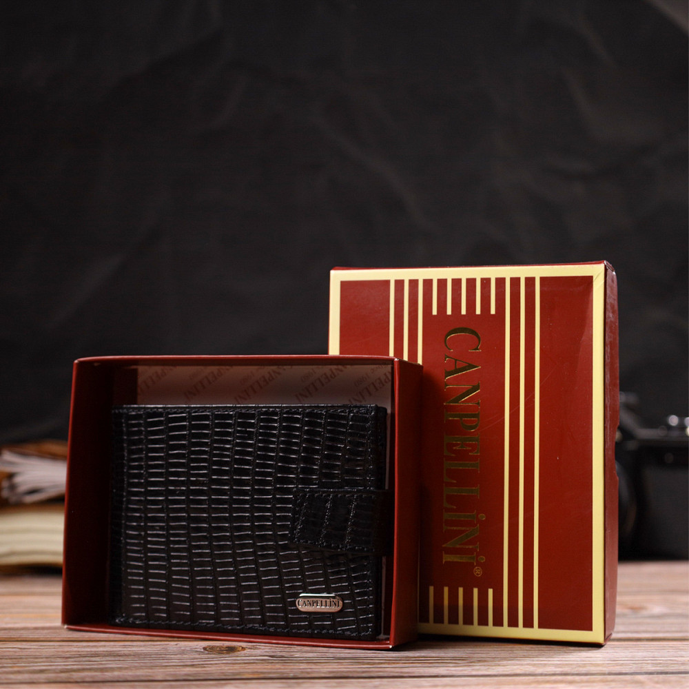 Небольшой фактурный мужской бумажник из натуральной кожи с тиснением Черный (CANPELLINI) Киев - изображение 4