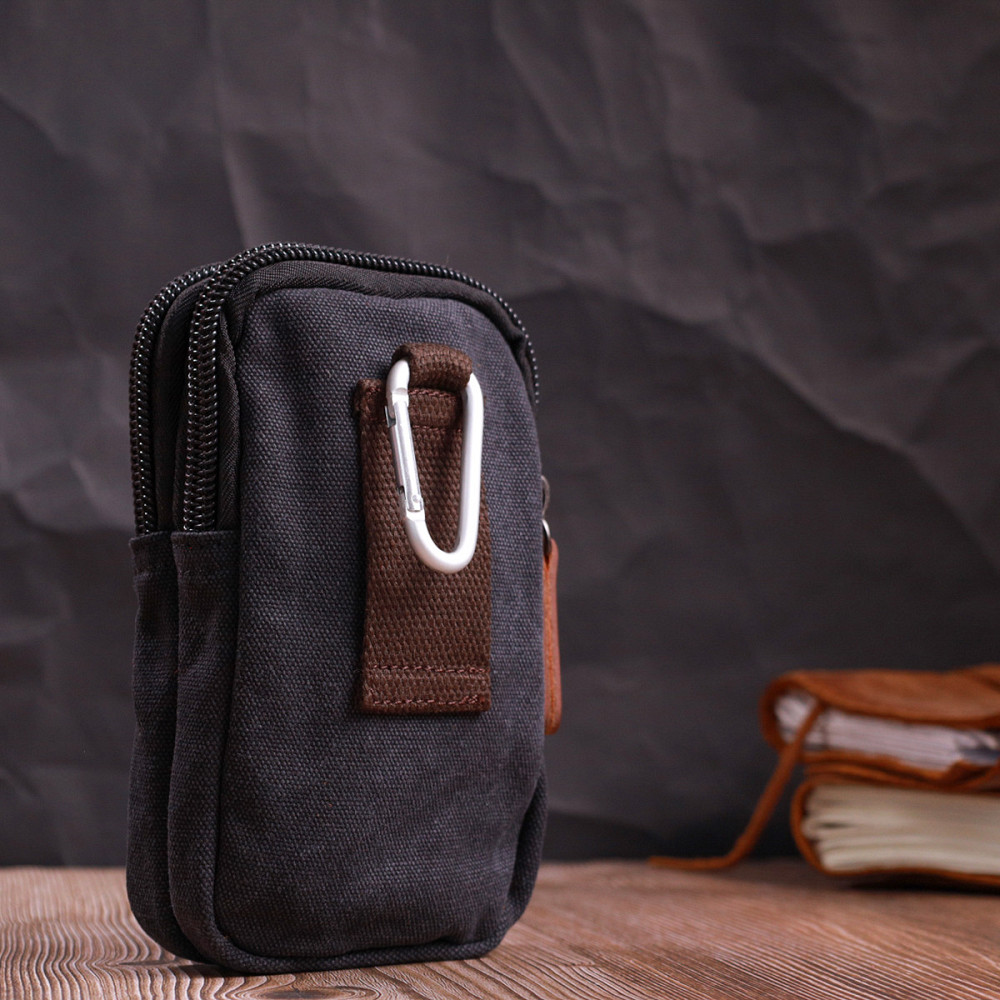 Сумка-чехол на пояс с металлическим карабином из текстиля Черный (Vintage) Киев - изображение 2