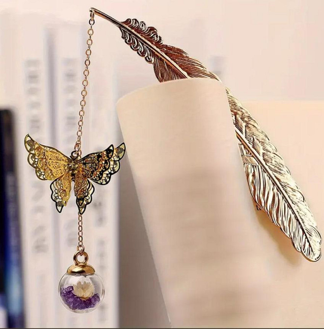Елегантна металева закладка з пером, 3D-метеликом і листком. Витончена закладка для читання, подарун Київ - фото 4