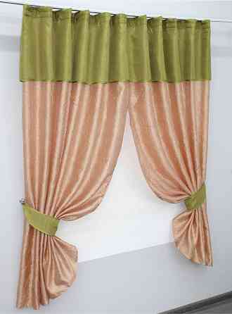 Кухонные шторы VR-Textil № 073к с ламбрекеном и подхватами персиковый с оливковым 265х170 см (52-0141) Киев