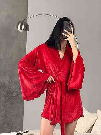 Жіночий домашній велюровий міні халат плюш велюр Червоний, 48/52 Одеса