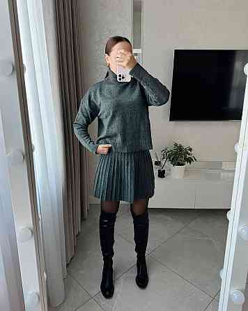 Женский уютный теплый костюм: свитер и юбка мелкая машинная вязка Антрацит Одесса