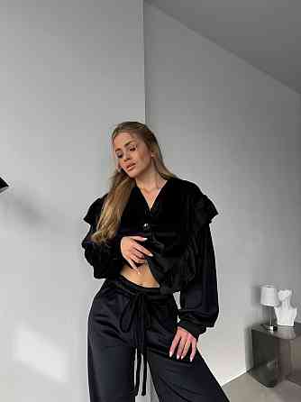 Женский нежный костюм двойка: кофта и штаны из велюра Черный, 42/44 Одесса