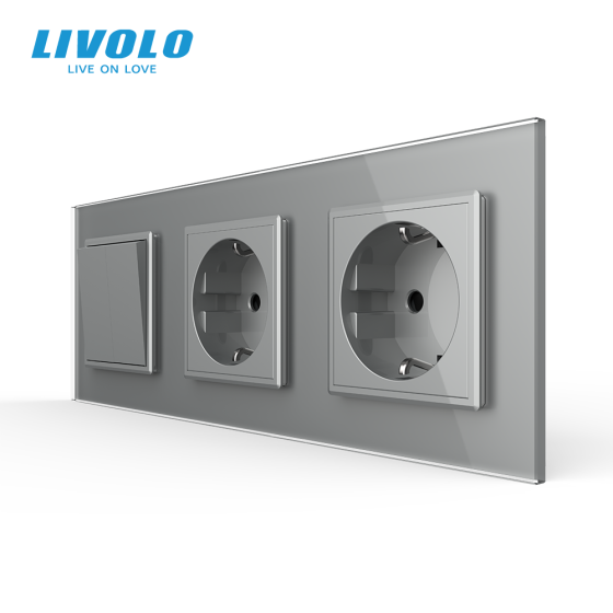 LIVOLO Двоклавішний вимикач з подвійною розеткою Livolo сірий скло (VL-C7C2EUK2-15) Коломыя