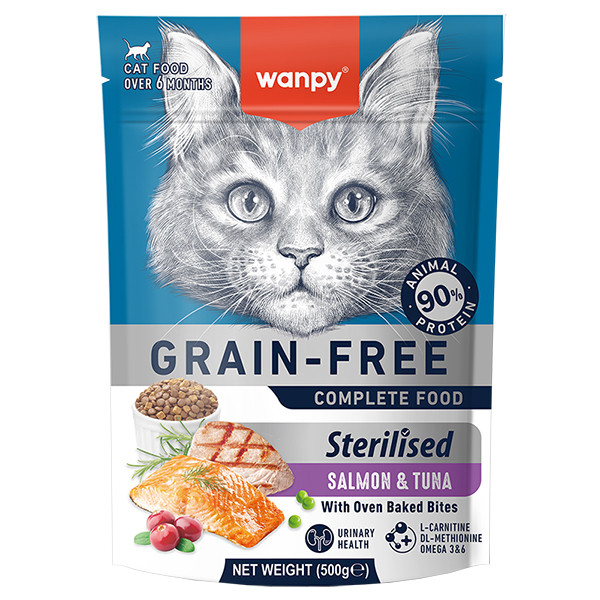 Wanpy Sterilized Cat Grain Free Salmon & Tuna ВАНПІ ЛОСОСЬ З ТУНЦЕМ ДЛЯ СТЕРИЛІЗОВАНИХ сухий беззерновий корм для котів Київ - фото 1