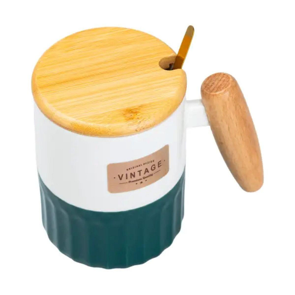 Фарфоровая чашка с бамбуковой крышкой, 400 мл, зеленая Киев - изображение 2