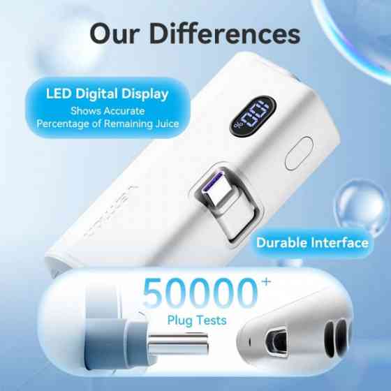 УМБ Vention 4800mAh 22,5W PD, USB-C In/Out, LED display, with built-in USB-C cable White Киев