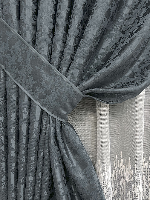 Комплект штор VR-Textil Льон Мармур 150х270 2шт і Тюль 400х270 1262ш-1675т Графітовий з білим 71-166/3 Київ - фото 4