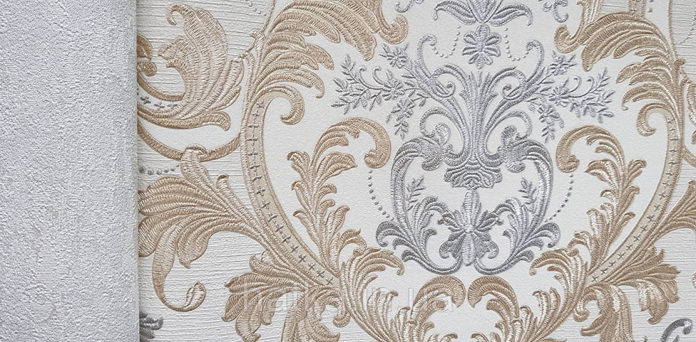 Шпалери вінілові на флізеліні AdaWall Signature1.06х10 вензелю завитки структурне золото срібло на пісочному Київ - фото 2