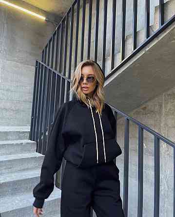 Женский утепленный костюм двойка: худи и штаны турецкая трехнить на флисе Черный, 44/46 Одесса