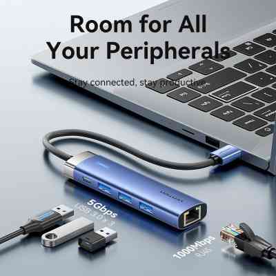 Концентратор Vention USB 3.0 to USB 3.0x3/RJ45/Type-C Hub Blue Aluminum Alloy 5-in-1 (TGFSB) Вінниця