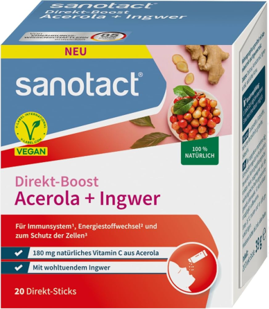 Sanotact Direct Boost Ацерола + Імбир | 20 стіків | 180 мг натурального вітаміну С з ацероли | з екстрактом імбиру Львів