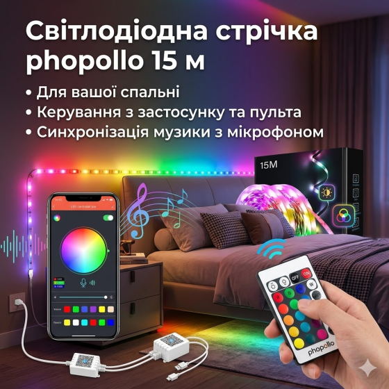 Світлодіодні стрічки phopollo 15 м для спальні з дистанційним керуванням та керуванням за допомогою застосунку Київ