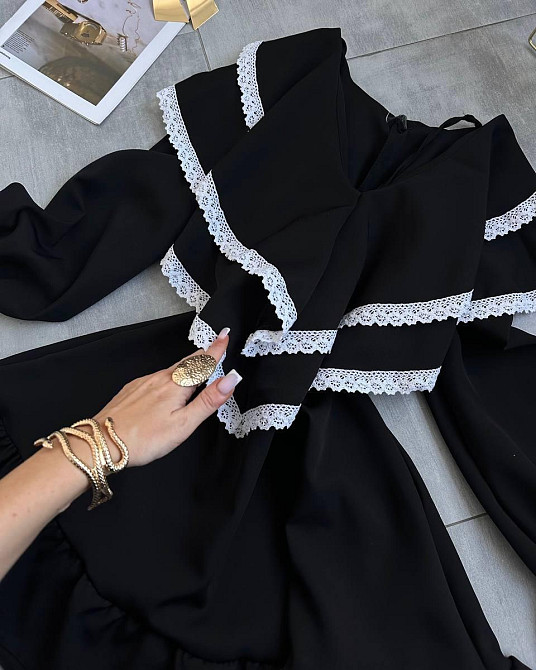 Женское романтичное платье с длинным рукавом костюмка + кружево Черный, 44/46 Одесса - изображение 4