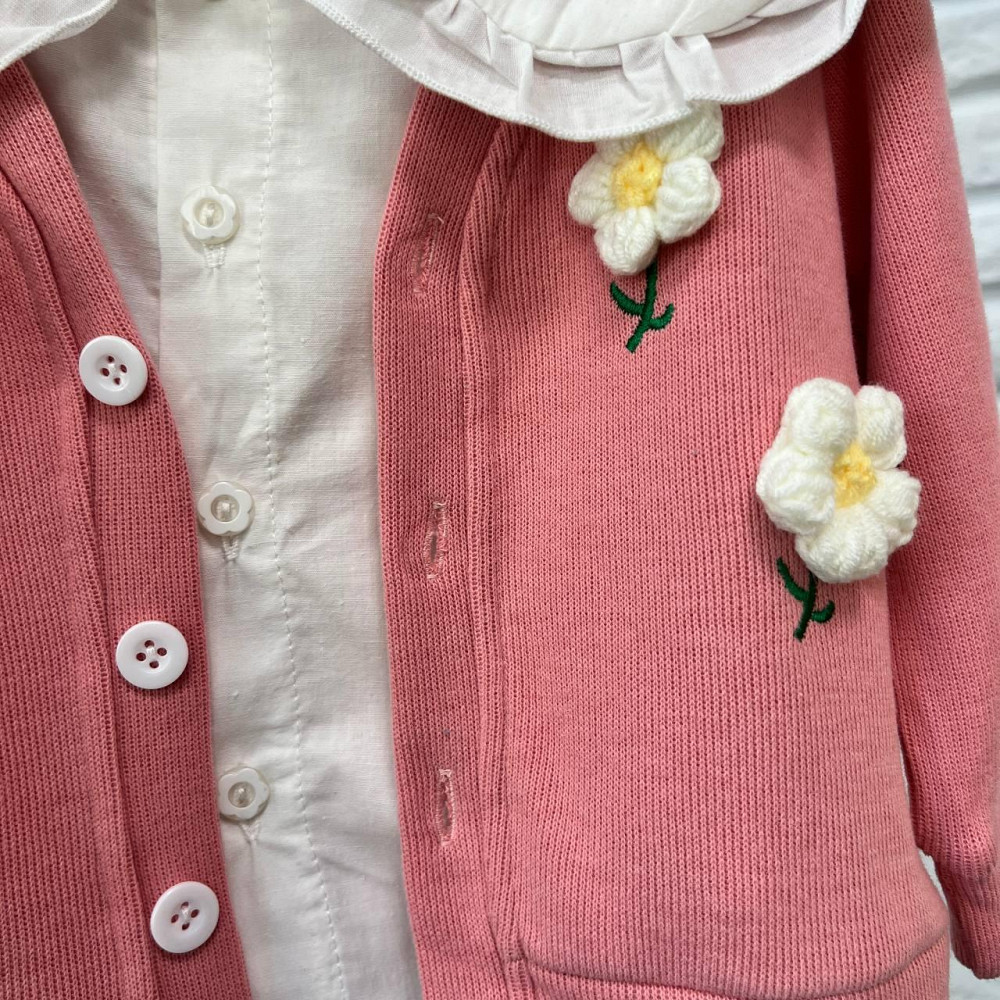 Ошатний Костюм (Кардиган, Блузка з комірцем і Джинси) Рожевий 12-18 міс (80-86 см) Київ - фото 4