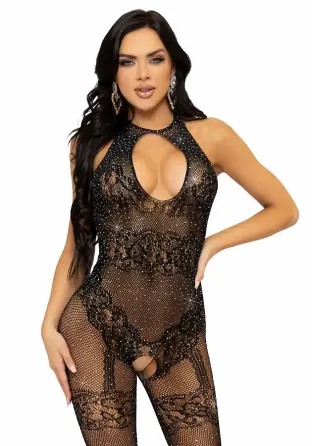 Leg Avenue Rhinestone Lace and Net Bodystocking OS Black Львів