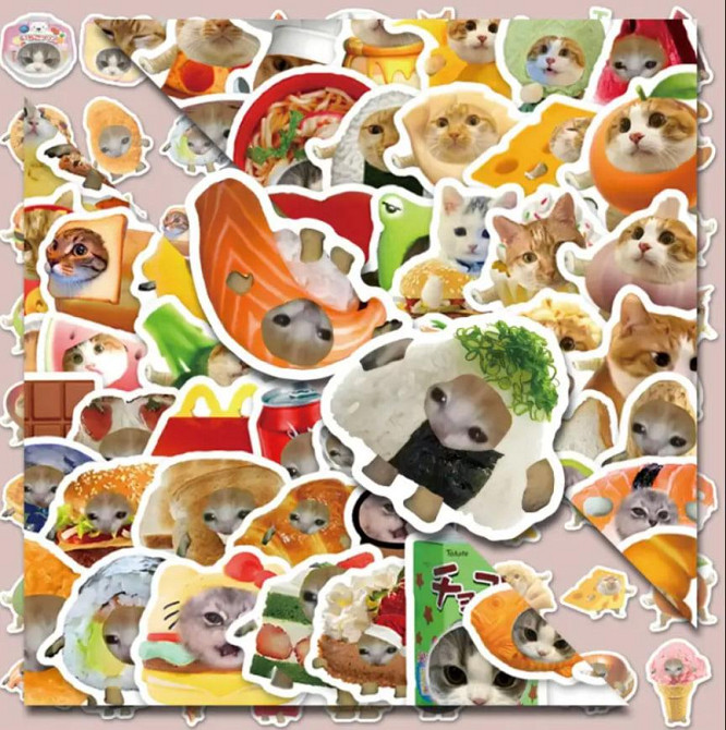 Стікери з котами та їжею - Водонепроникні вінілові наклейки з котами, стікербомбінг. Набір 50 штук. Київ - фото 1