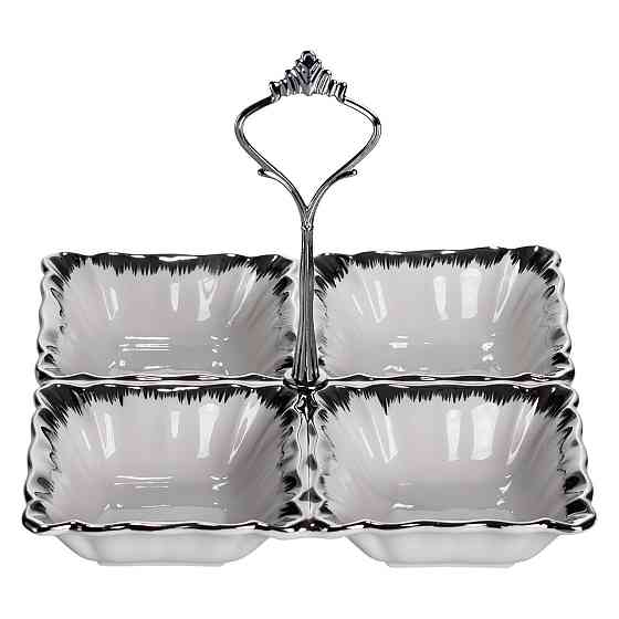 Менажниця порцелянова на 4 секції для закусок 18×18×3 (см) з ручкою Білий з сріблом LC-BYL-100-S Коломия