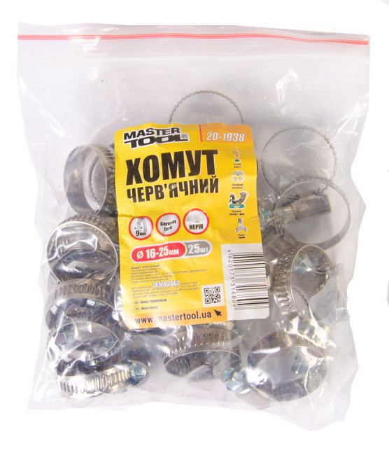 MASTERTOOL Хомут черв'ячний MASTERTOOL German type W2 DIN 3017 9.0 мм Ø 16-25 мм 25 шт 20-1938 Коломия - фото 2