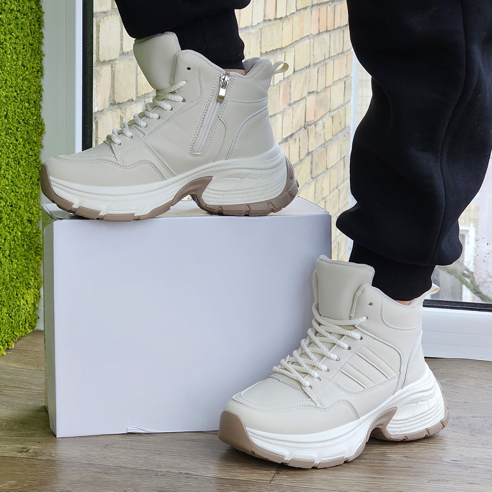 Зимові жіночі Бежеві Кросівки з МЕХОМ на Толстой Підошві Танкетке Ботинки Шкіряні Світлі (розміри: 36,37,38,39) Дніпро - фото 4