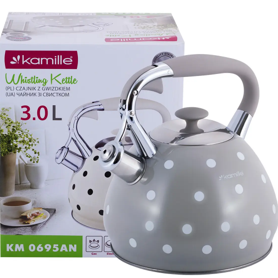 Чайник 3л нержавіюча сталь зі свистком з ручкою "soft-touch" (білий,беж,кавовий) 0695GR KAMILLE Житомир - фото 1