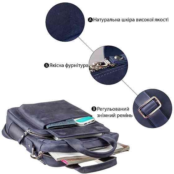 Стильная сумка под А4 вертикального формата в матовой коже 11170 SHVIGEL, Синяя Киев