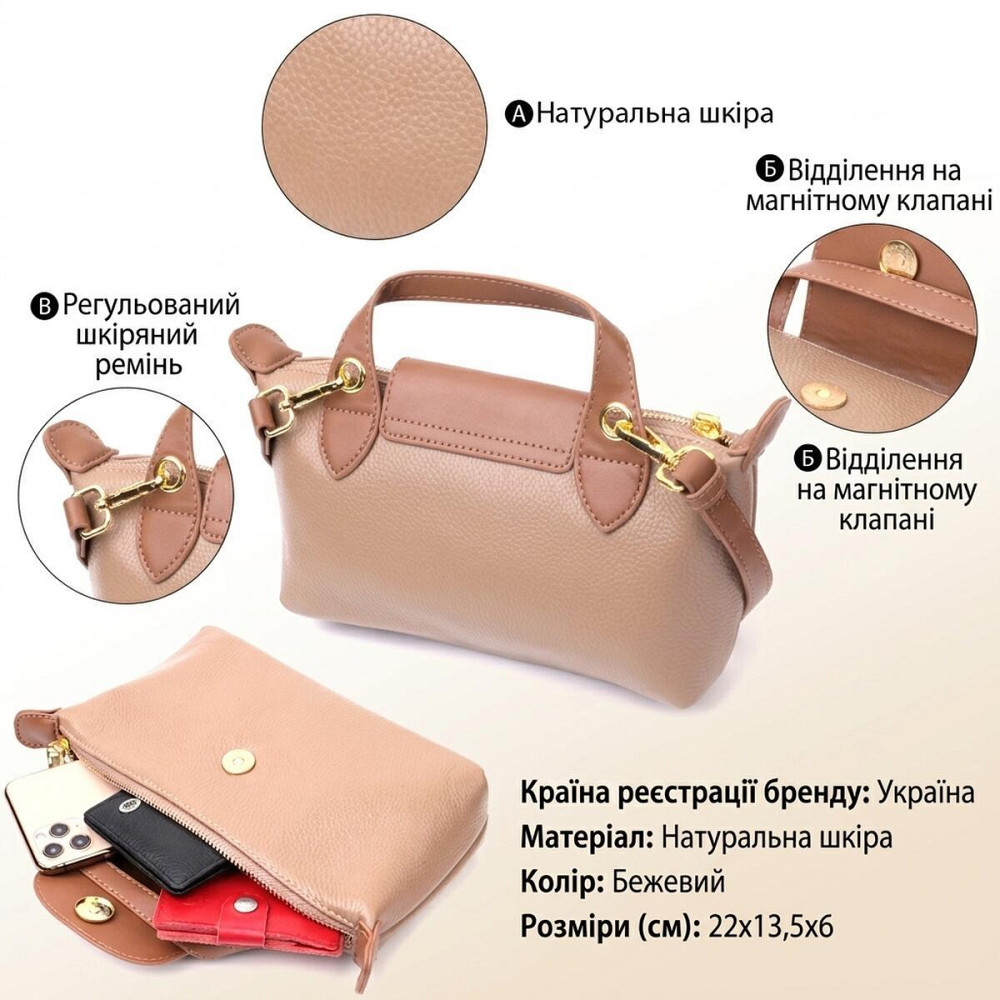 Ідеальна сумка жіноча з цікавим клапаном з натуральної шкіри Vintage 22251 Бежева Київ - фото 13
