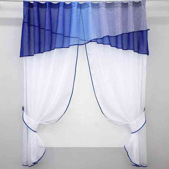 Кухонные шторы VR-Textil № 091к с ламбрекеном и подвязками белый с синим 260х170 см (59-547) Киев