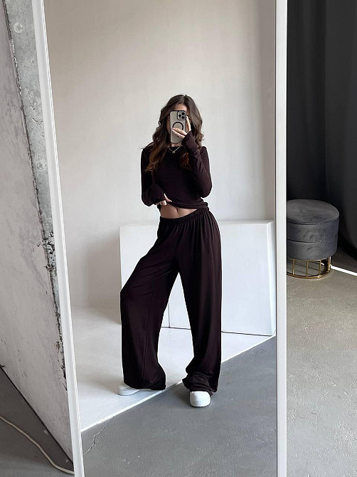 Жіночий базовий прогулянковий костюм-двійка: лонгслів і штани турецька віскоза Шоколад, 48/50 Одеса - фото 2