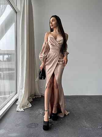 Женское роскошное вечернее платье со шлейфом и съемными рукавами из королевского атласа Бежевый, M Одесса