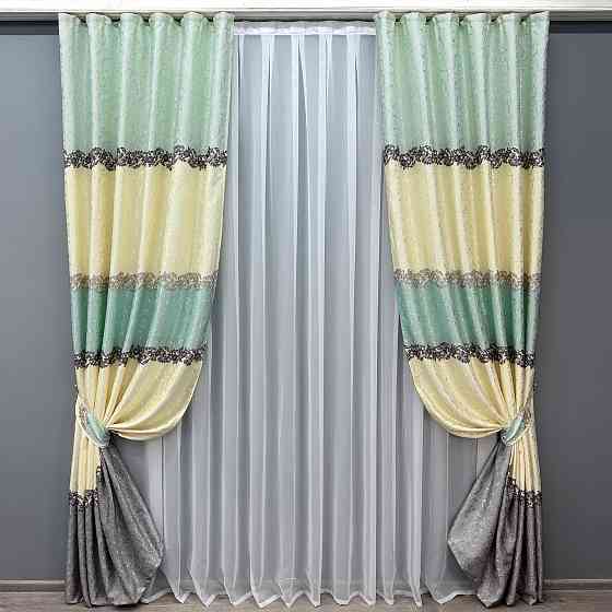 Комплект готових штор VR-Textil Льон № 1022ш Бежевий з бірюзовим 100х270 см 2 шт (31-339) Київ