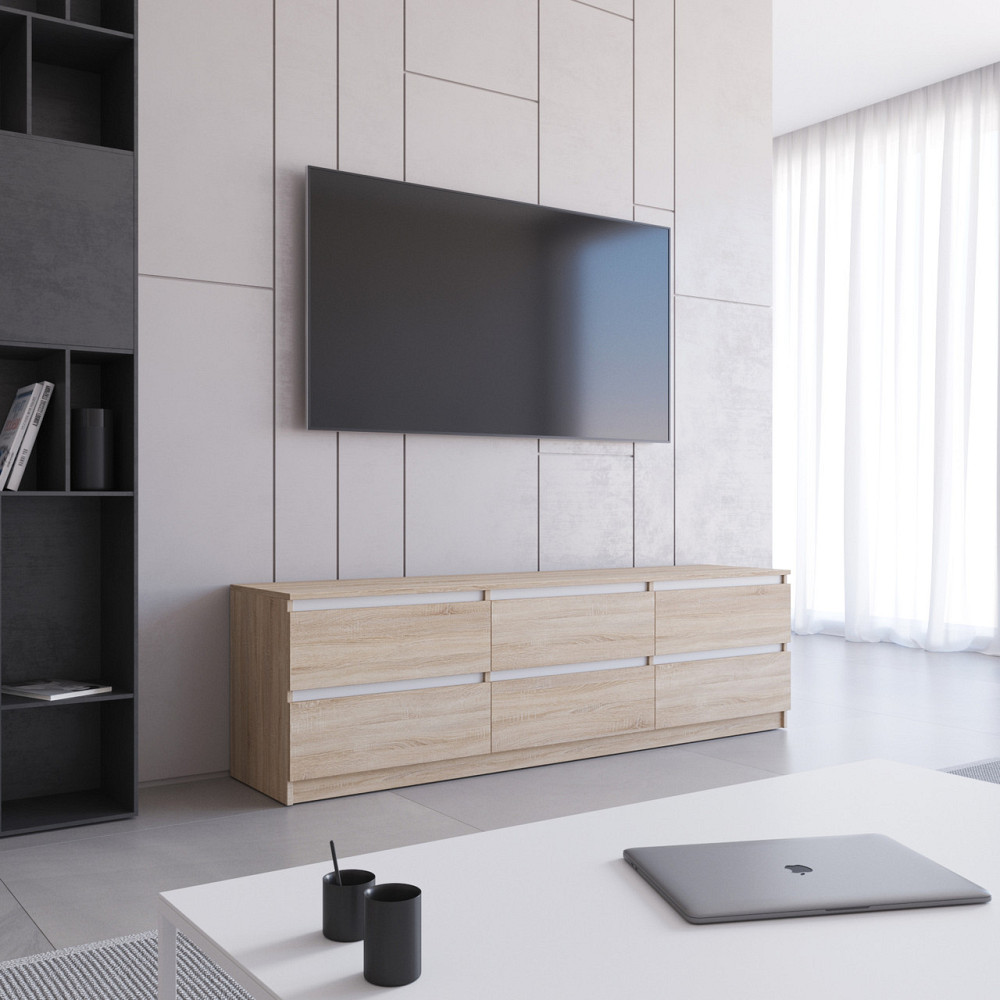 Тумба под телевизор VAYS R-12 Дуб Сонома-Белые планки, 6 ящиков без ручек, ЛДСП, 180×40×53 см Львов - изображение 1