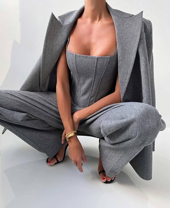 Женский теплый брючный костюм тройка: пиджак топ и штаны кашемир елка Одесса - изображение 7