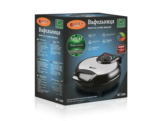 Вафельниця BITEK BT-220 1200Вт з антипригарним покриттям, терморегулятором і конусом для ріжків Одеса