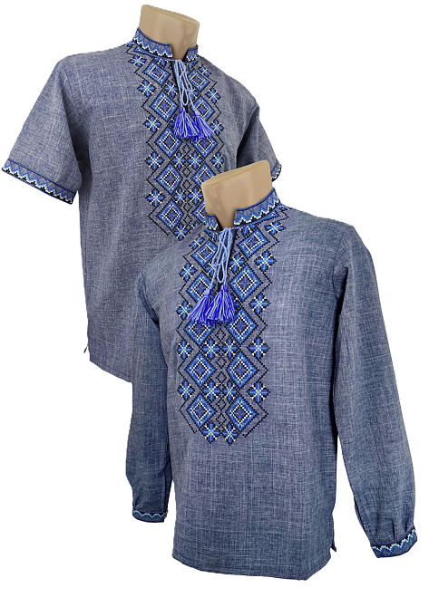 Молодіжна чоловіча вишиванка на довгий і короткий рукав синього кольору. Київ - фото 1