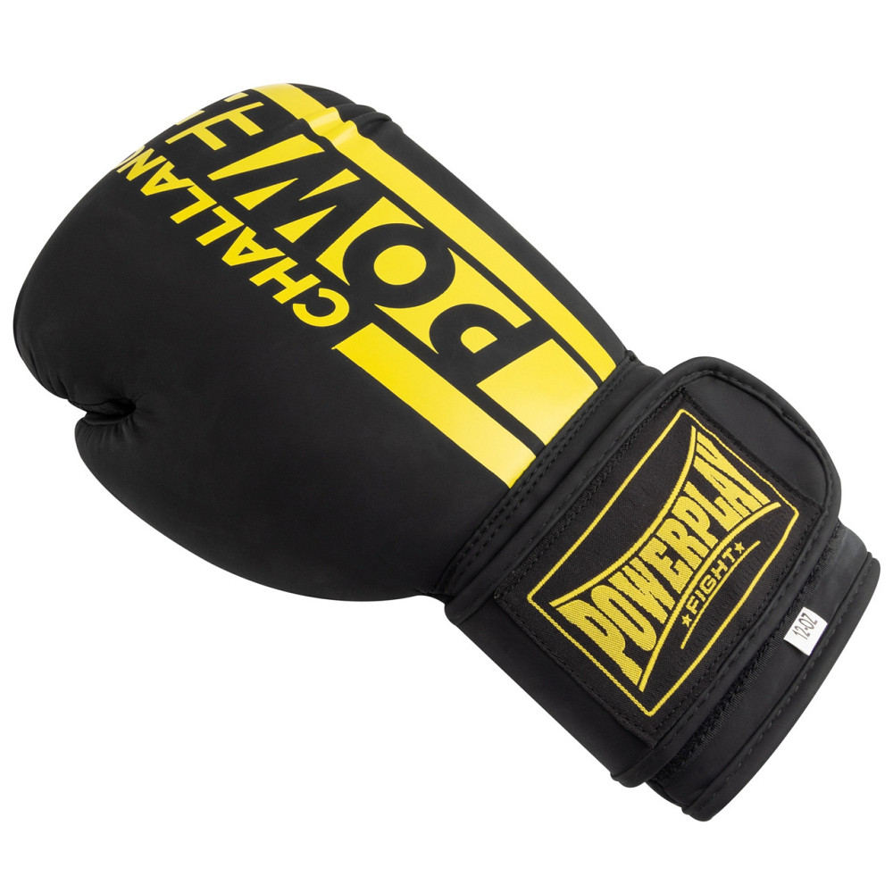 Боксерські рукавички для боксу та єдиноборств на липучці 12 унцій PowerPlay 3086 Matt Challenger чорний з жовтим Київ - фото 4