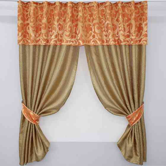 Кухонные шторы VR-Textil № 073к с ламбрекеном и подхватами золотистый с оранжевым 275х170 см (52-0051) Киев