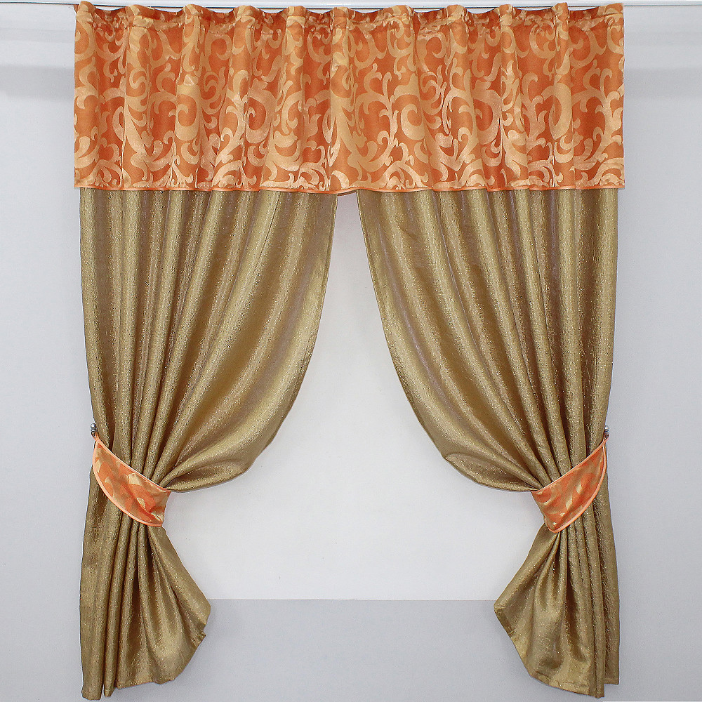 Кухонные шторы VR-Textil № 073к с ламбрекеном и подхватами золотистый с оранжевым 275х170 см (52-0051) Киев - изображение 1