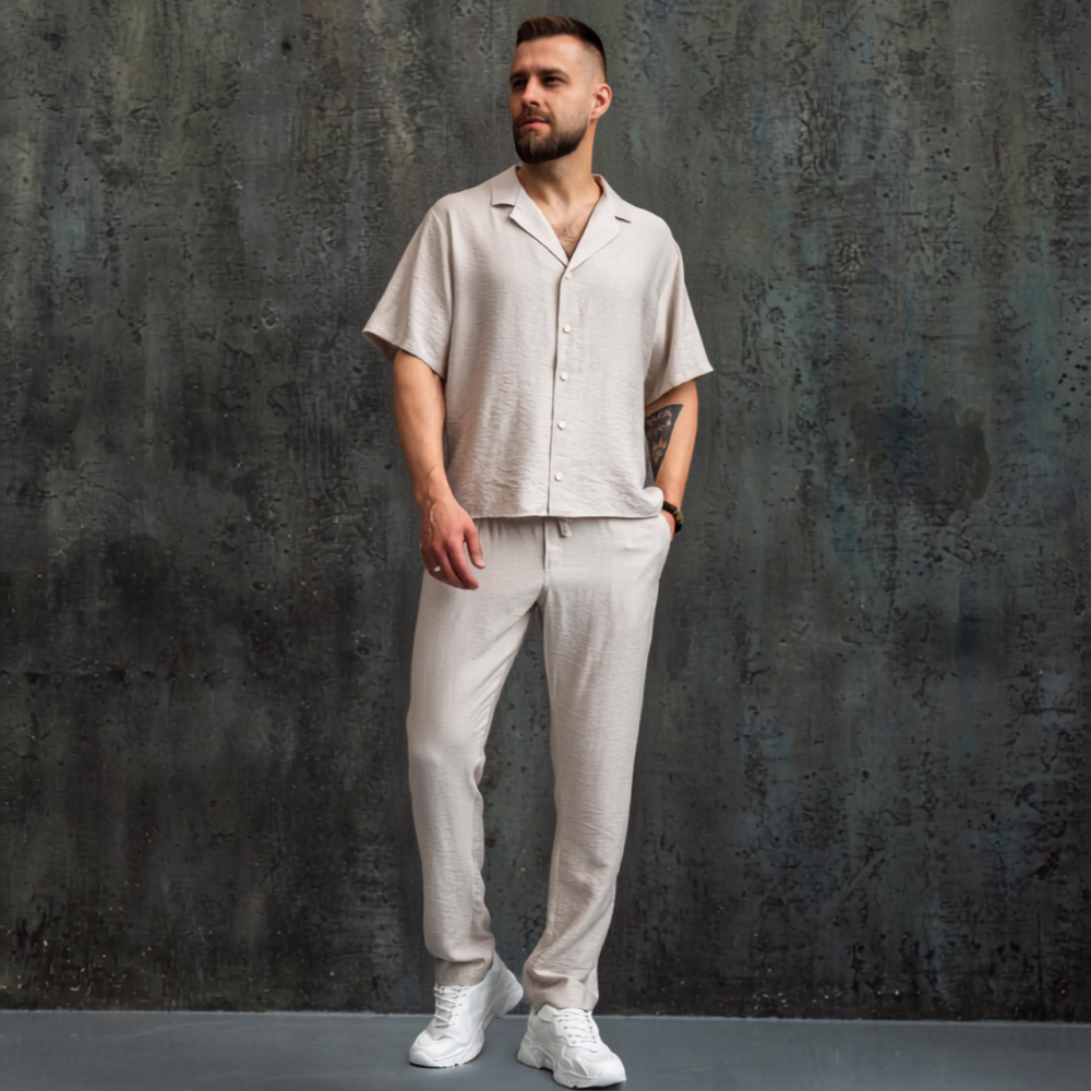 Лляний чоловічий костюм сорочка та штани літній бежевий комплект повсякденний легкий Aero L Одеса - фото 1