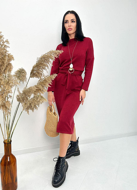 Довга ангорова сукня з поясом "Juliette" оптом | Норма і батал Бордовий, 54-56 Київ - фото 1