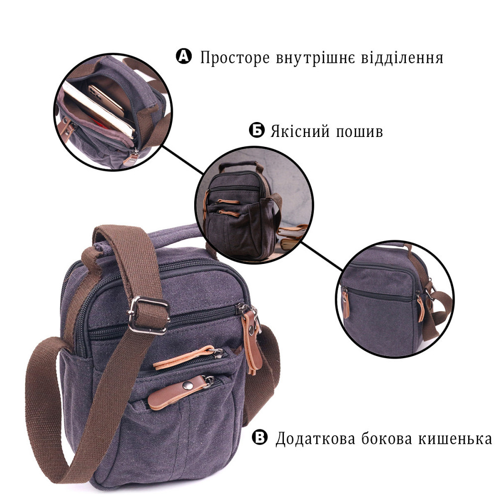 Небольшая мужская сумка из плотного текстиля Черная (Vintage) Киев - изображение 8