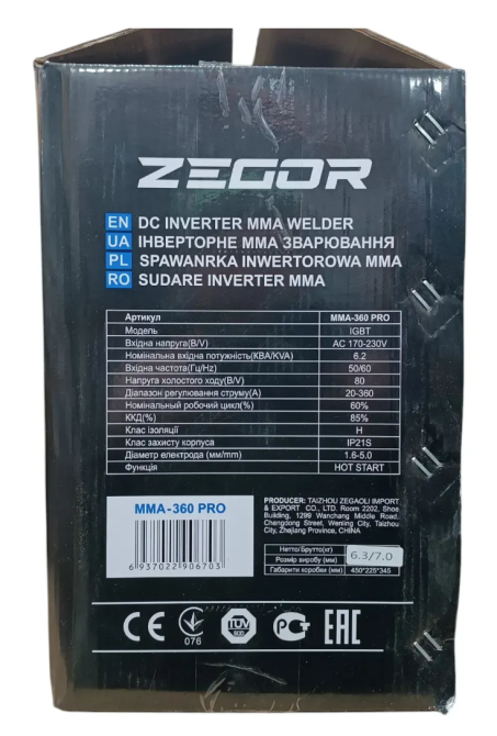Зварювальний апарат інверторного типу ZEGOR IGBT MMA-360 PRO  : 6.2 кВт, 20 - 360 А Київ - фото 9