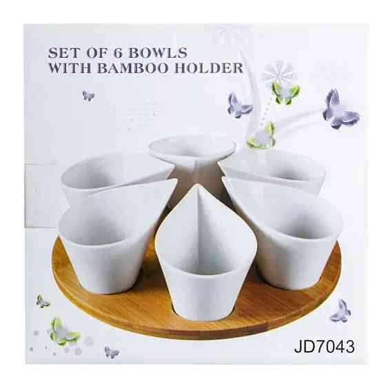 Набір порцелянових баночок для сипучих продуктів 6 штук по 100 мл на бамбуковій підставці HP258 Київ