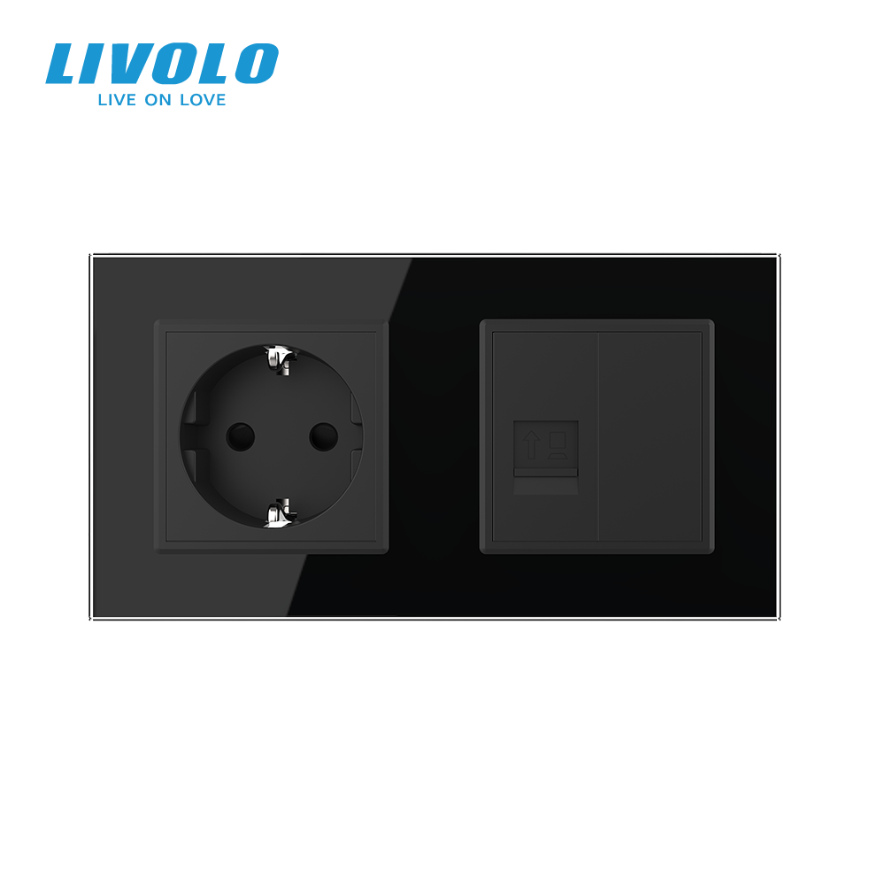 LIVOLO Розетка двомісна комбінована Силова Інтернет LIVOLO чорна матова скло Коломыя - изображение 4